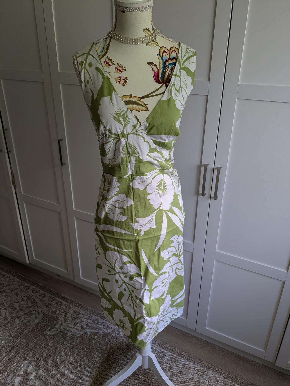 Max Studio Green and White Floral Wrap-Front Midi Dress